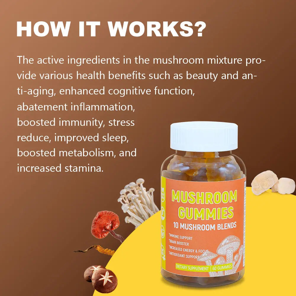 Hiherbs Mushroom Gummies Dietary supplements Nootropic Brain Supplement, Immune Support & Stress Relief mushroom jelly candies (60 capsules/Bottle) Hiherbs