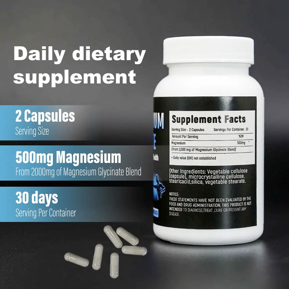 Magnesium Malate Capsules: Each capsule contains 500mg. Take 2 capsules per day.