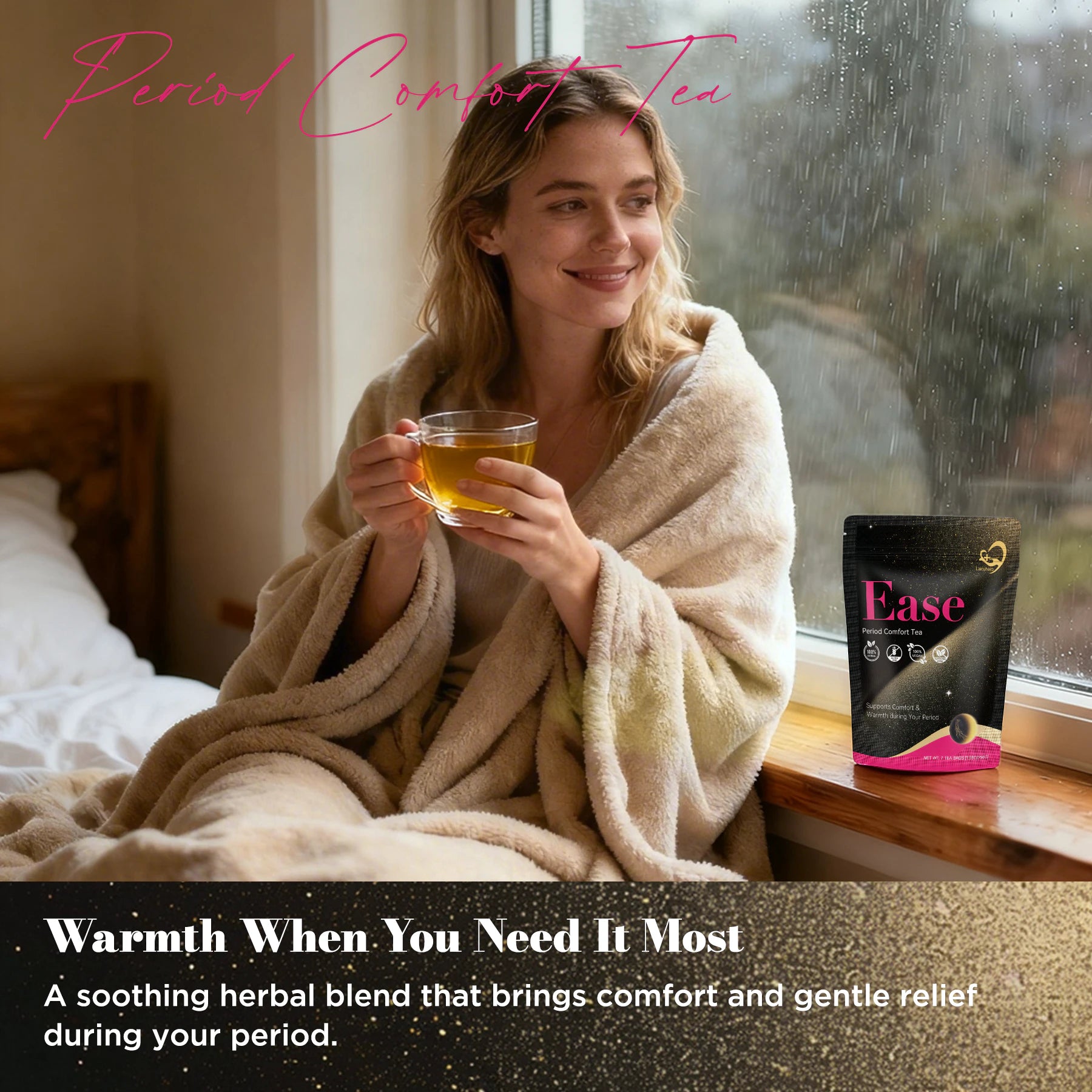 Laicuherb's Ease Period Comfort Tea helps alleviate menstrual cramps in women