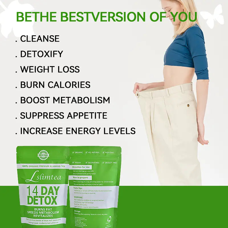 The 14-day weight loss tea offers numerous benefits such as cleaning the body, detoxifying, reducing weight, burning calories, boosting metabolism, suppressing appetite, and increasing energy levels