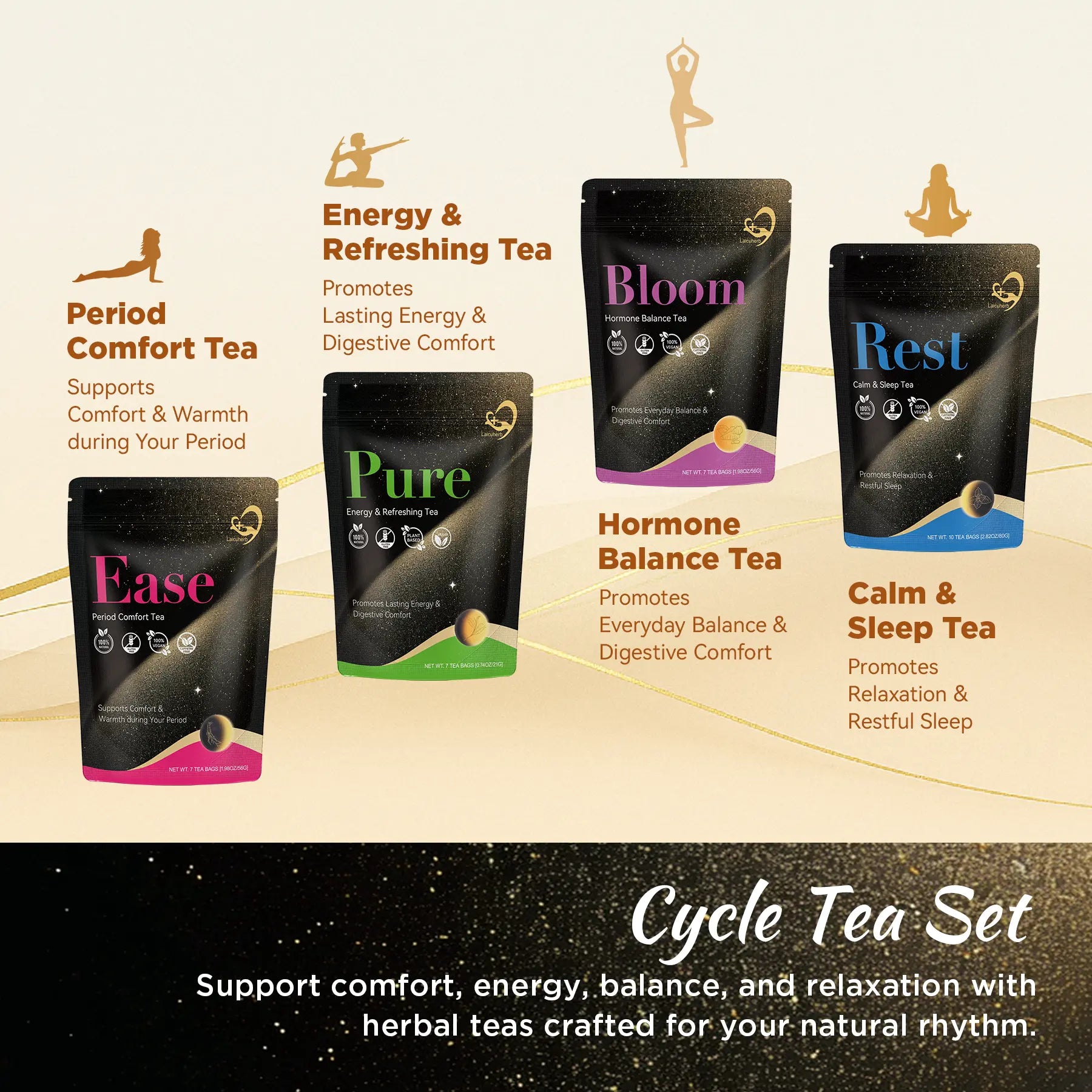 The cycle tea set includes comfort energy hormone balance and calm sleep tea